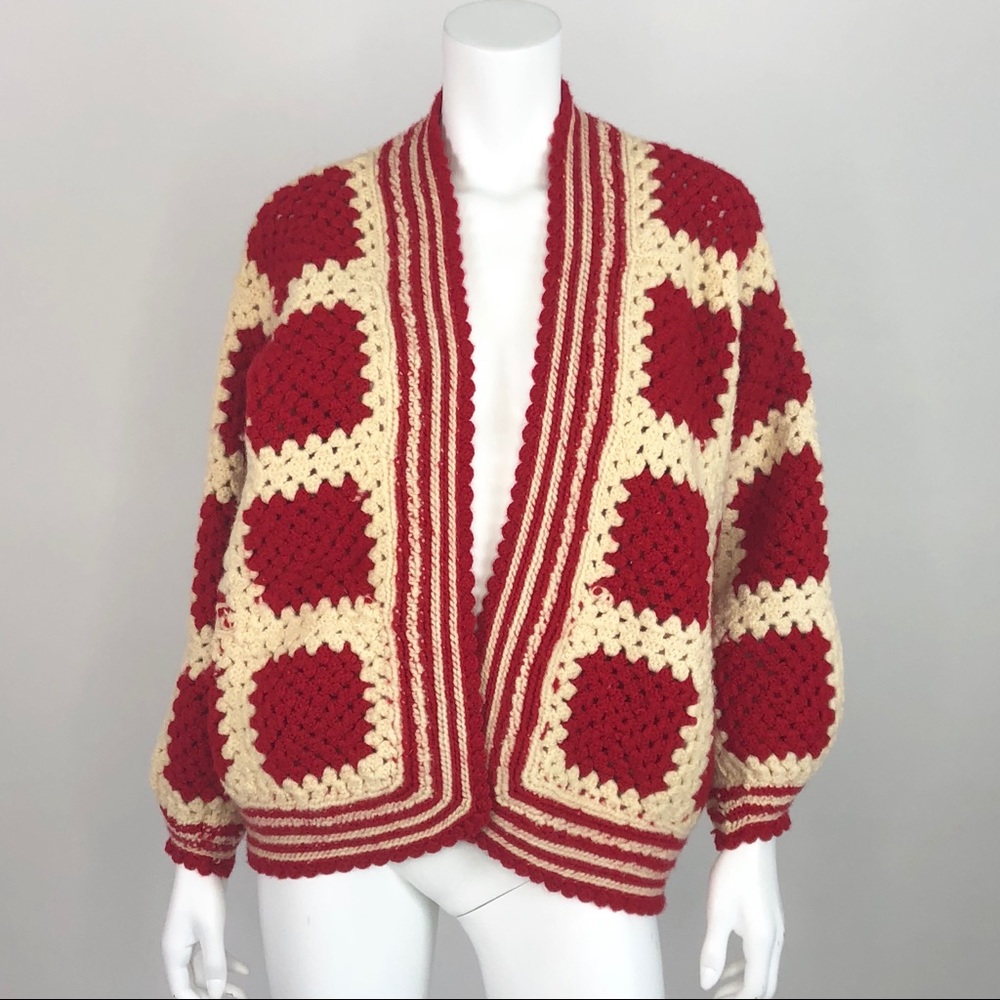Vintage Knit Cardigan Red Cream Thick Oversized